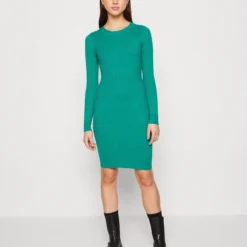 Even&Odd Crew Ausschnitt Ripp Basic Bodycon Mini Strickkleid - Robe Fourreau - Green