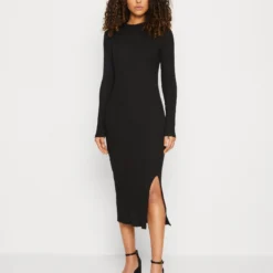 Even&Odd Circ Long Sleeves Midi High Slit Dress - Robe Pull - Black
