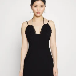 Strappy Lace Insert Open Neckline Mini Bodycon Dress - Robe De Soirée - Black