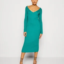 Even&Odd V Ausschnitt Midi Bodycon Strickkleid - Robe Fourreau - Green