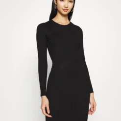 Even&Odd Crew Ausschnitt Ripp Basic Bodycon Mini Strickkleid - Robe Fourreau - Black